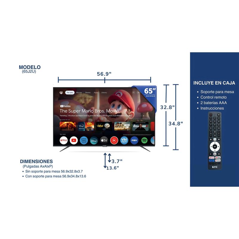 TELEVISOR KTC 65" SMART 4K UHD/QLED/HDMIx3/USBx2/AND11/GOOGLE TV (J65QD)